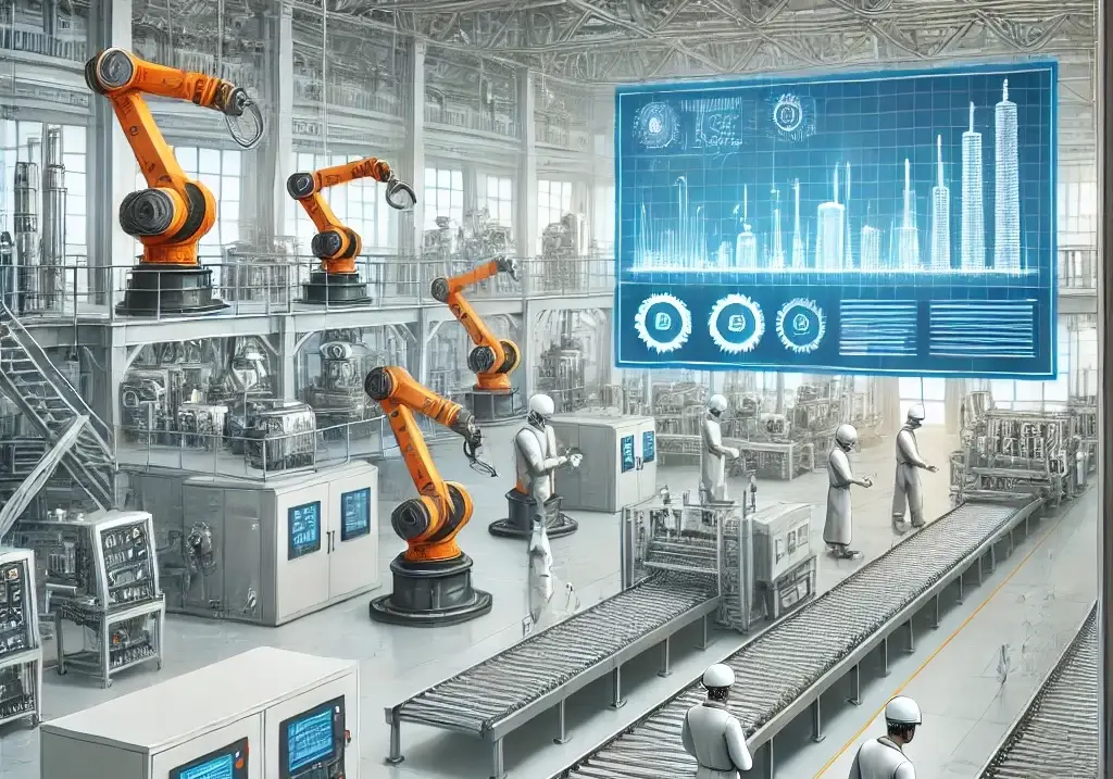 DALL·E 2025-02-20 15.38.21 - A high-tech industrial factory where machines and production lines are being upgraded and modernized. The scene features robotic arms, conveyor belts,